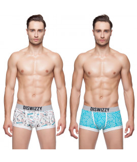 Hkuco Diswizzy Men's Underwear White Cosmetic Pattern And Disordered Blue Stripe Pattern 2-Pack