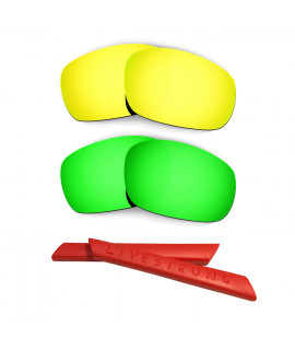 HKUCO 24K Gold/Green Polarized Replacement Lenses plus Red Earsocks Rubber Kit For Oakley Racing Jacket