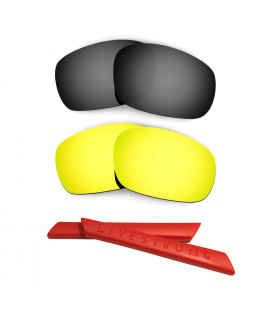 HKUCO Black/24K Gold Polarized Replacement Lenses plus Red Earsocks Rubber Kit For Oakley Racing Jacket