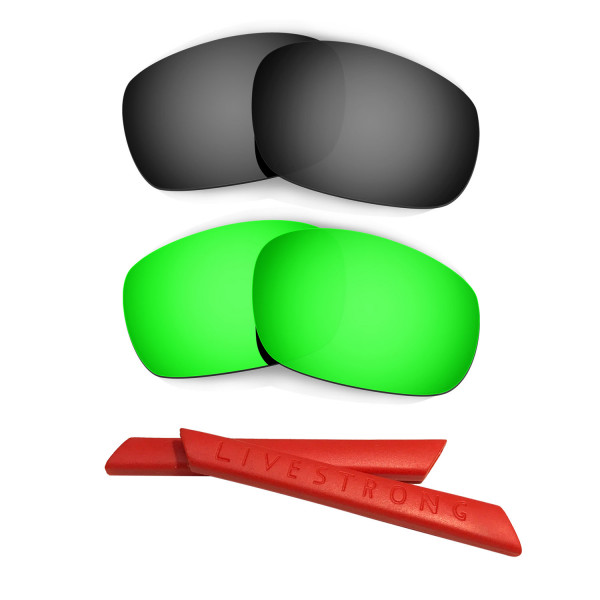 HKUCO Black/Green Polarized Replacement Lenses plus Red Earsocks Rubber Kit For Oakley Racing Jacket