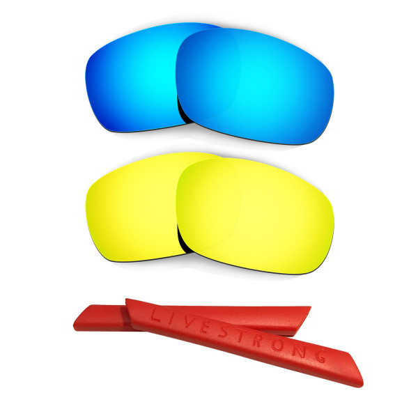 HKUCO Blue/24K Gold Polarized Replacement Lenses plus Red Earsocks Rubber Kit For Oakley Jawbone