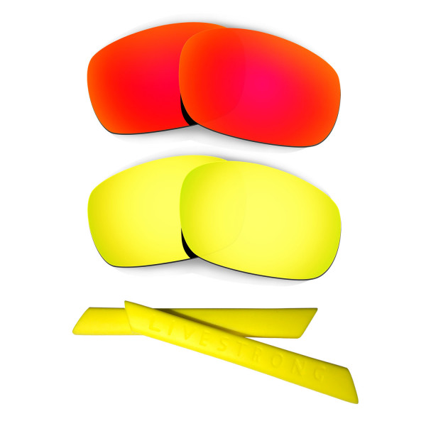 HKUCO Red/24K Gold Polarized Replacement Lenses plus Yellow Earsocks Rubber Kit For Oakley Racing Jacket