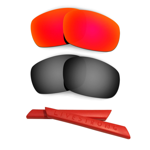 HKUCO Red/Black Polarized Replacement Lenses plus Red Earsocks Rubber Kit For Oakley Racing Jacket