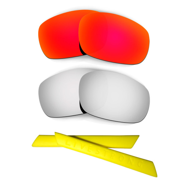 HKUCO Red/Titanium Polarized Replacement Lenses plus Yellow Earsocks Rubber Kit For Oakley Racing Jacket