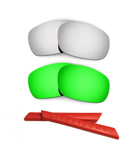 HKUCO Silver/Green Polarized Replacement Lenses plus Red Earsocks Rubber Kit For Oakley Racing Jacket