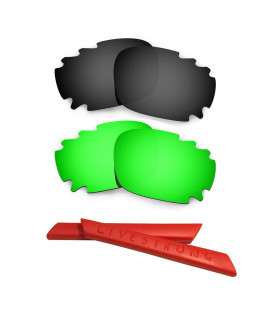 HKUCO Black/Green Polarized Replacement Lenses plus Red Earsocks Rubber Kit For Oakley Racing Jacket Vented