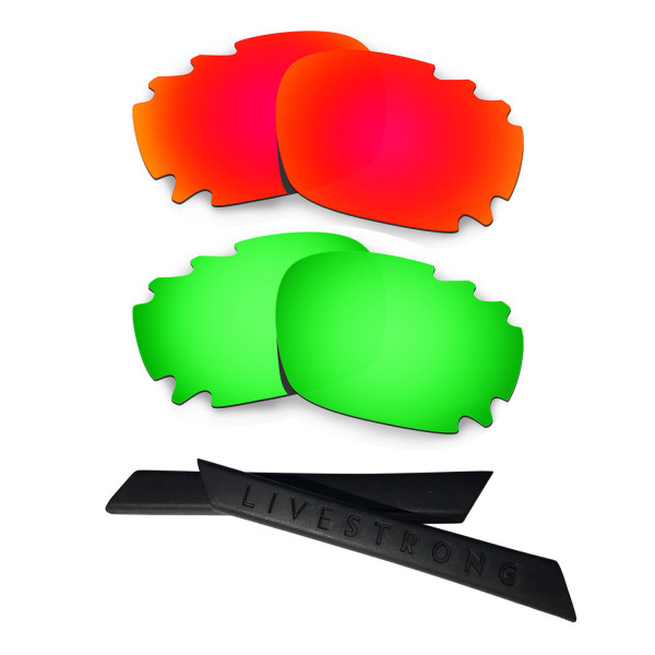 HKUCO Red/Green Polarized Replacement Lenses plus Black Earsocks Rubber Kit For Oakley Racing Jacket Vented