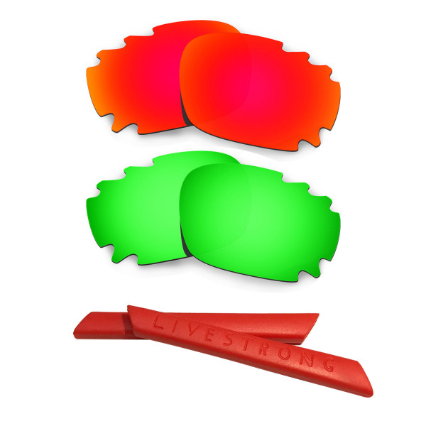HKUCO Red/Green Polarized Replacement Lenses plus Red Earsocks Rubber Kit For Oakley Racing Jacket Vented