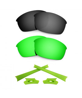 HKUCO For Oakley Flak Jacket Black/Green Polarized Replacement Lenses And Light Green Earsocks Rubber Kit 