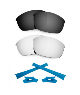 HKUCO For Oakley Flak Jacket Black/Silver Polarized Replacement Lenses And Blue Earsocks Rubber Kit 