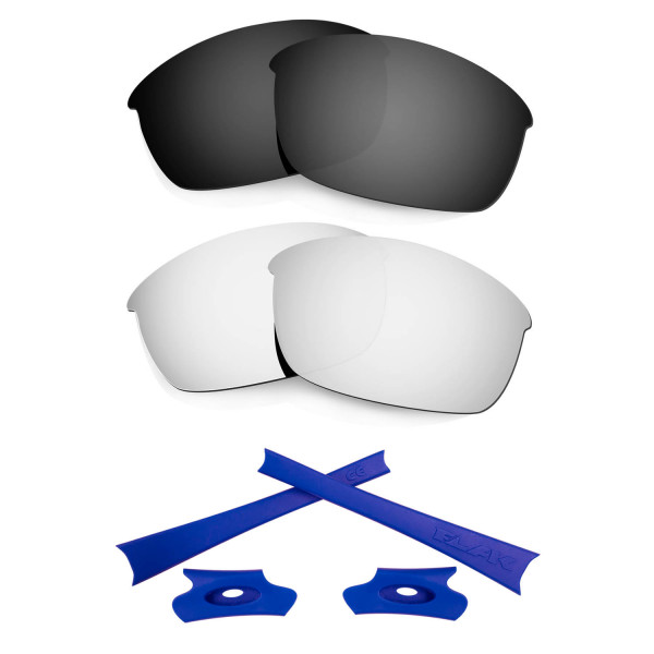 HKUCO For Oakley Flak Jacket Black/Silver Polarized Replacement Lenses And Dark Blue Earsocks Rubber Kit 