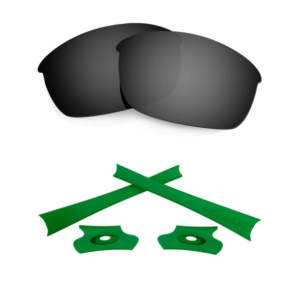 HKUCO For Oakley Flak Jacket Black Polarized Replacement Lenses And Green Earsocks Rubber Kit 