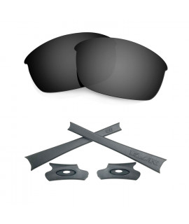 HKUCO For Oakley Flak Jacket Black Polarized Replacement Lenses And Grey Earsocks Rubber Kit 