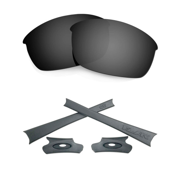 HKUCO For Oakley Flak Jacket Black Polarized Replacement Lenses And Grey Earsocks Rubber Kit 