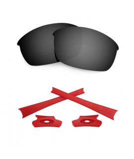 HKUCO For Oakley Flak Jacket Black Polarized Replacement Lenses And Red Earsocks Rubber Kit 