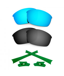 HKUCO For Oakley Flak Jacket Blue/Black Polarized Replacement Lenses And Green Earsocks Rubber Kit 