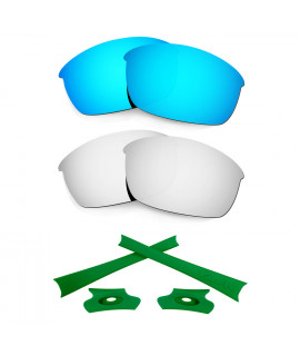HKUCO For Oakley Flak Jacket Blue/Silver Polarized Replacement Lenses And Green Earsocks Rubber Kit 