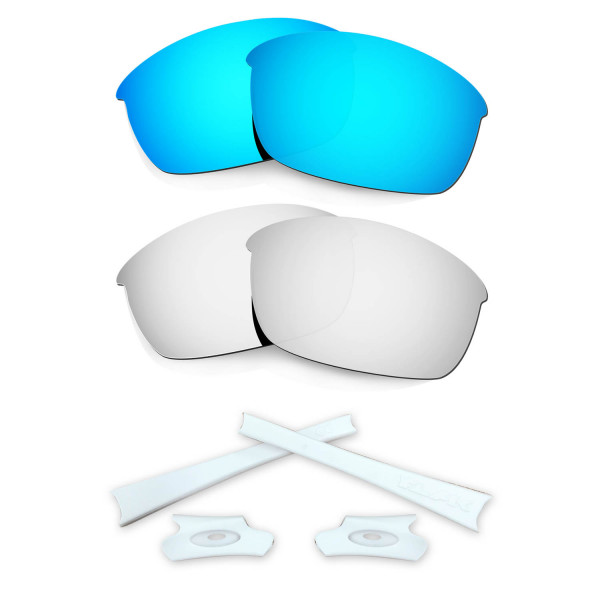HKUCO Blue/Silver Polarized Replacement Lenses and White Earsocks Rubber Kit For Oakley Flak Jacket Sunglasses