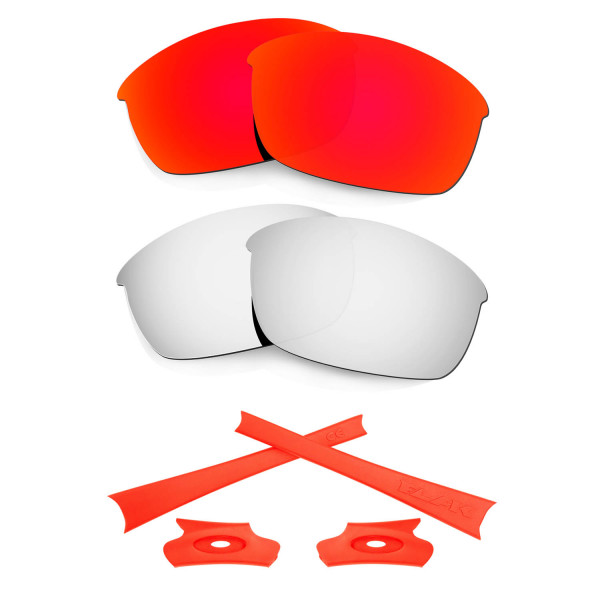 HKUCO For Oakley Flak Jacket Red/Silver Polarized Replacement Lenses And Orange Earsocks Rubber Kit 