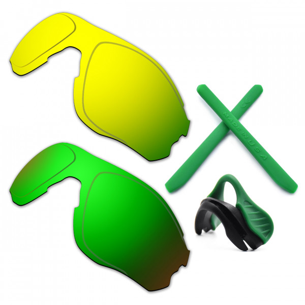 HKUCO For Oakley EVZero OO9308 24K Gold/Green Polarized Replacement Lenses And Green Earsocks Rubber Kit And Nose Pads