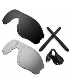 HKUCO For Oakley EVZero OO9308 Black/Silver Polarized Replacement Lenses And Black Earsocks Rubber Kit And Nose Pads