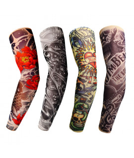 HKUCO Nylon tattoo cuffs Unisex Slip On Sunscreen unique fake Tattoo Arm Sleeves Kit -4 pce