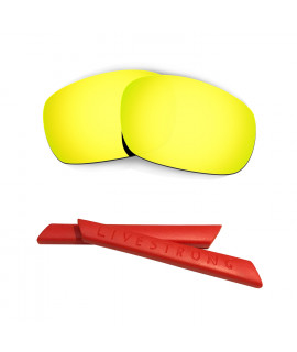 HKUCO 24K Gold Polarized Replacement Lenses plus Red Earsocks Rubber Kit For Oakley Racing Jacket