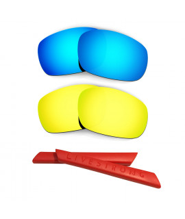 HKUCO Blue/24K Gold Polarized Replacement Lenses plus Red Earsocks Rubber Kit For Oakley Racing Jacket