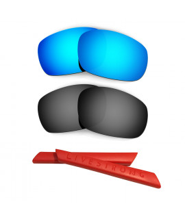 HKUCO Blue/Black Polarized Replacement Lenses plus Red Earsocks Rubber Kit For Oakley Racing Jacket