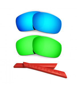 HKUCO Blue/Green Polarized Replacement Lenses plus Red Earsocks Rubber Kit For Oakley Racing Jacket