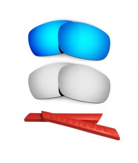 HKUCO Blue/Titanium Polarized Replacement Lenses plus Red Earsocks Rubber Kit For Oakley Racing Jacket