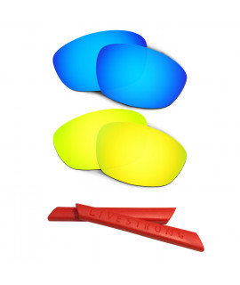 HKUCO Blue/24K Gold Polarized Replacement Lenses plus Red Earsocks Rubber Kit For Oakley Straight Jacket（2007)