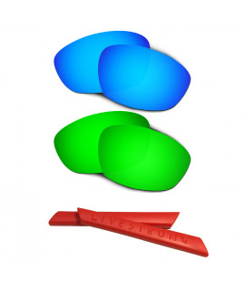 HKUCO Blue/Green Polarized Replacement Lenses plus Red Earsocks Rubber Kit For Oakley Straight Jacket（2007)