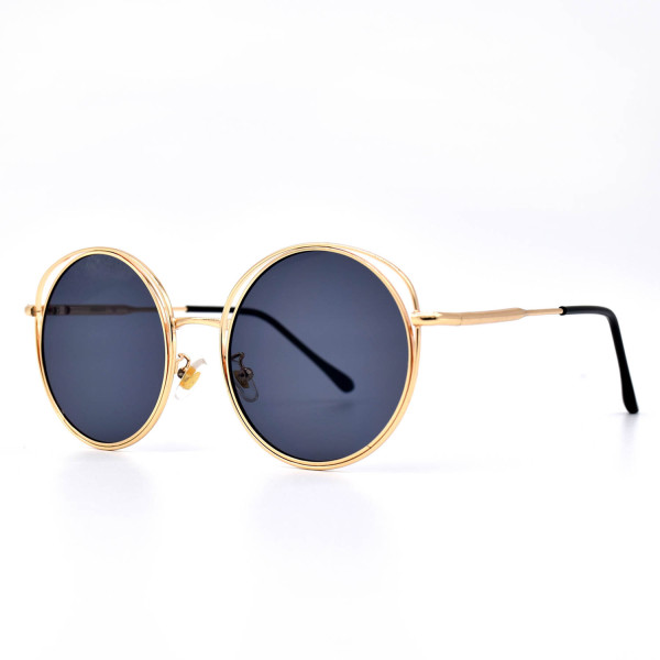 HKUCO Gold color Round Metal Frame Double Circle Design Black Lenses Sunglasses